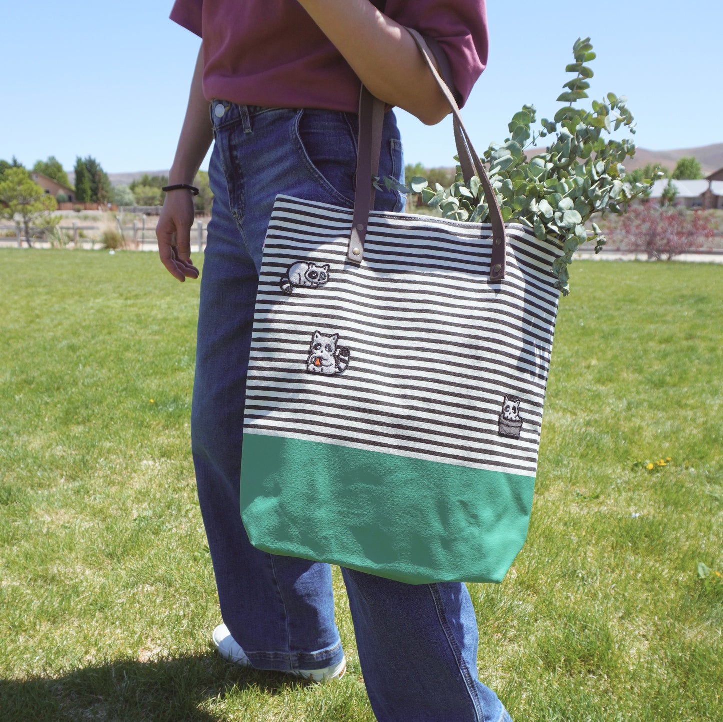 Raccoon Trio Seaport Stripes Dipped Tote – Cute Beach Tote Bag for Travel, Shopping & Summer Days