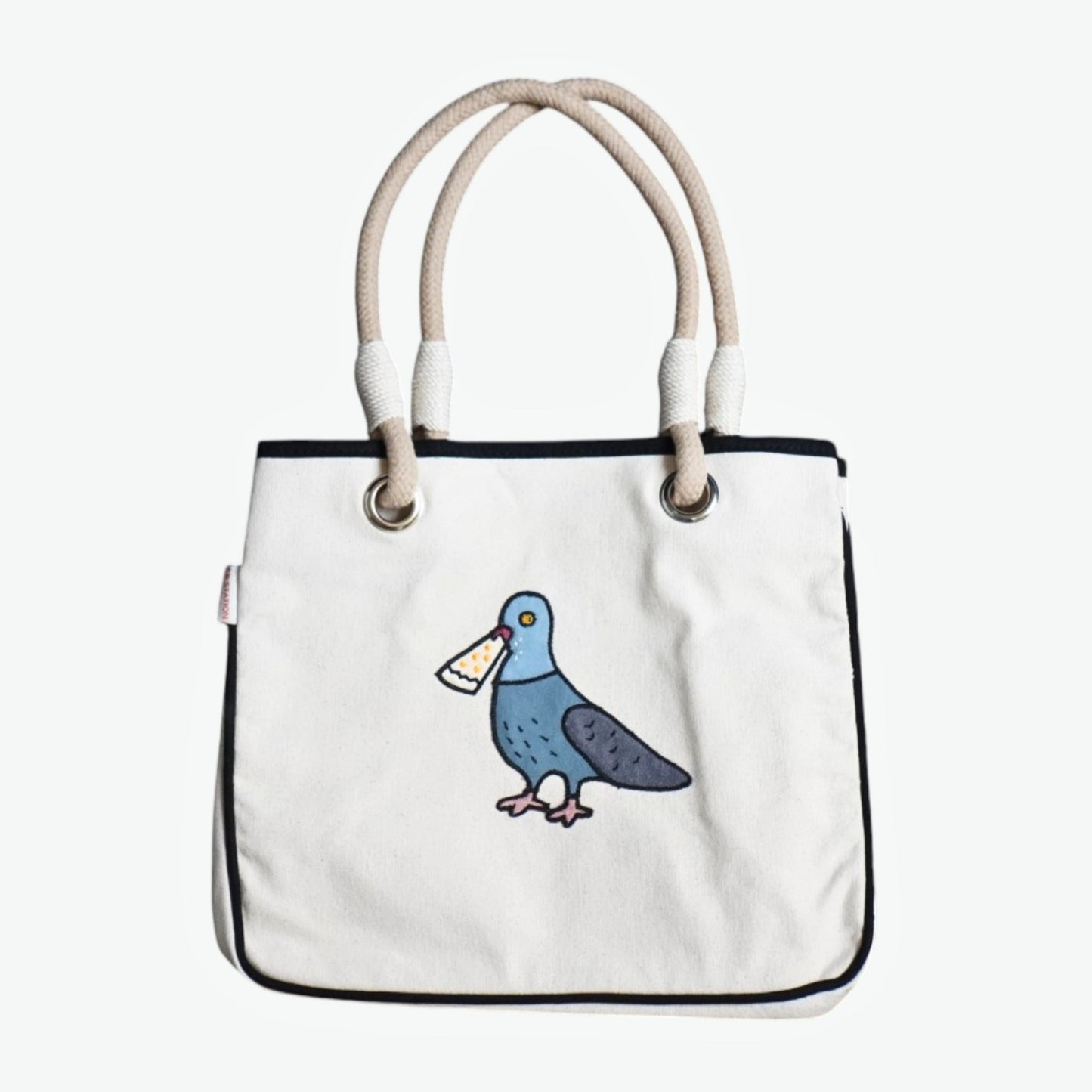 Pigeon Eats Pizza Rope Tote Bag – Funny Canvas Beach Tote for Shopping, Travel & Everyday Style