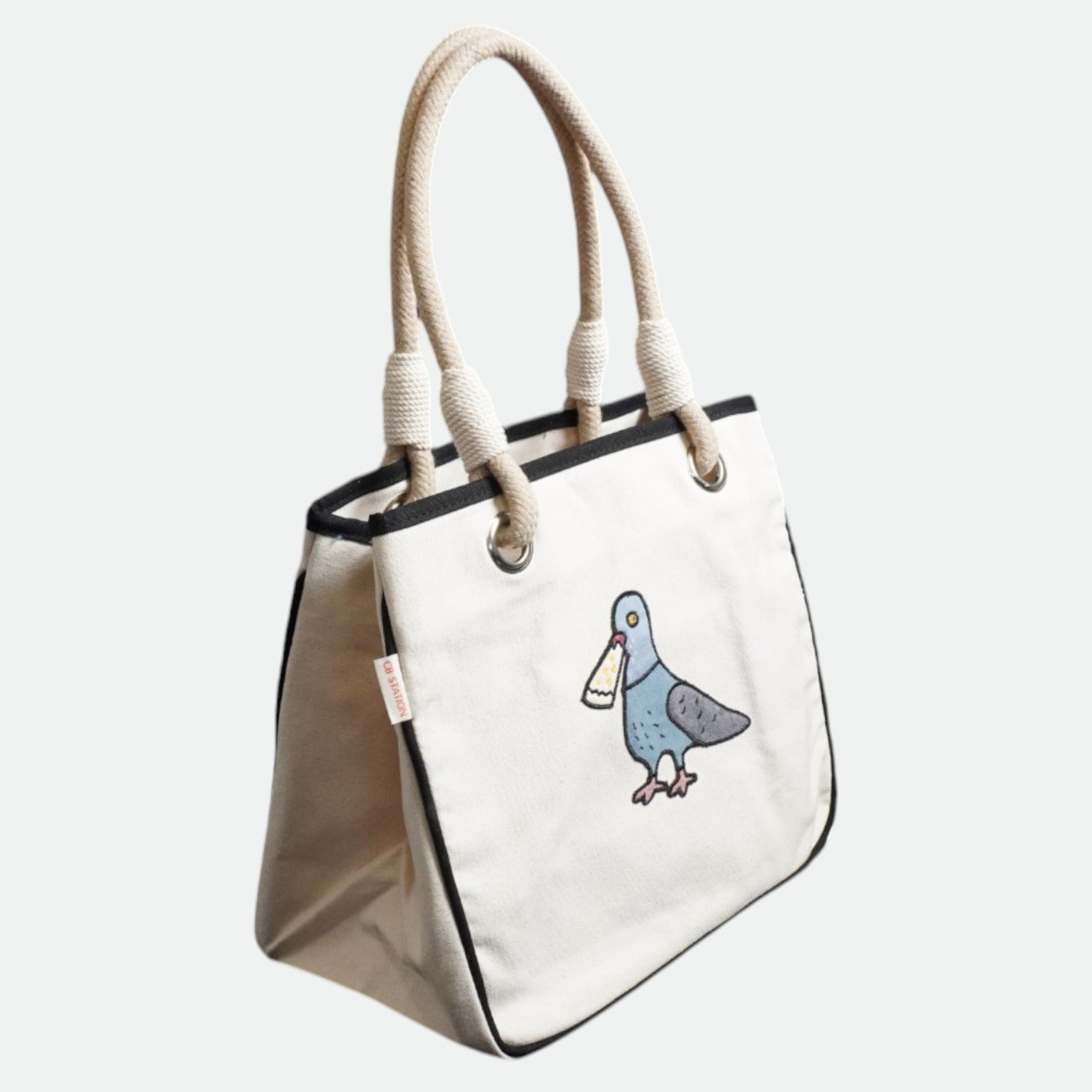 Pigeon Eats Pizza Rope Tote Bag – Funny Canvas Beach Tote for Shopping, Travel & Everyday Style