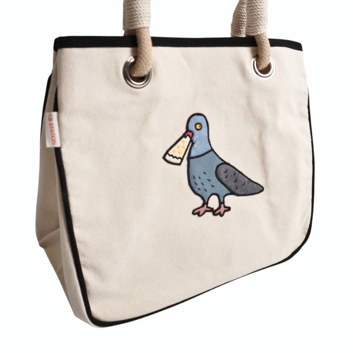 Pigeon Eats Pizza Rope Tote Bag – Funny Canvas Beach Tote for Shopping, Travel & Everyday Style