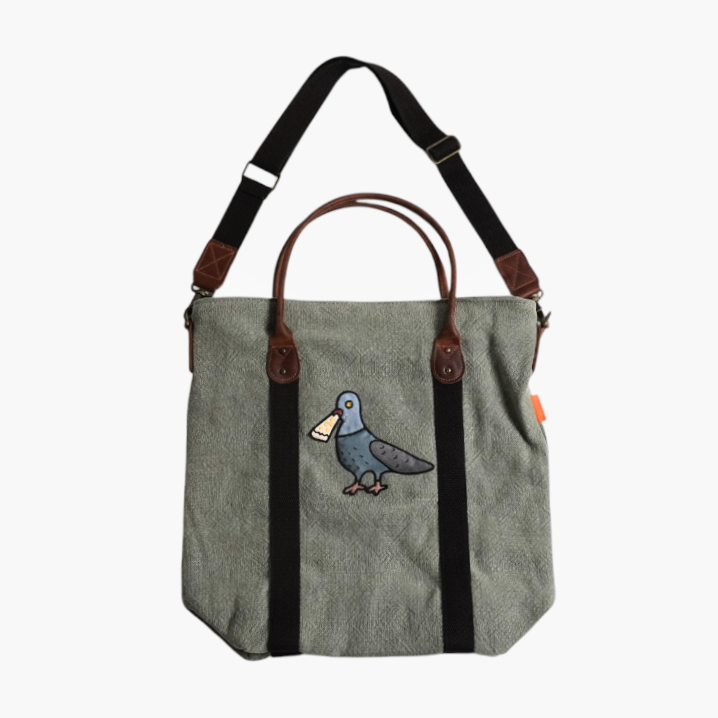 Pigeon Eats Pizza Jute Flight Bag – Funny Travel Tote for Weekend Trips, Shopping & Everyday Fun