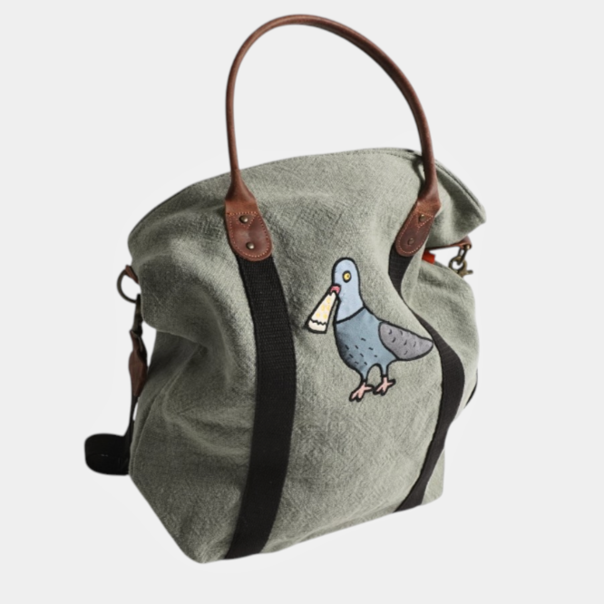 Pigeon Eats Pizza Jute Flight Bag – Funny Travel Tote for Weekend Trips, Shopping & Everyday Fun