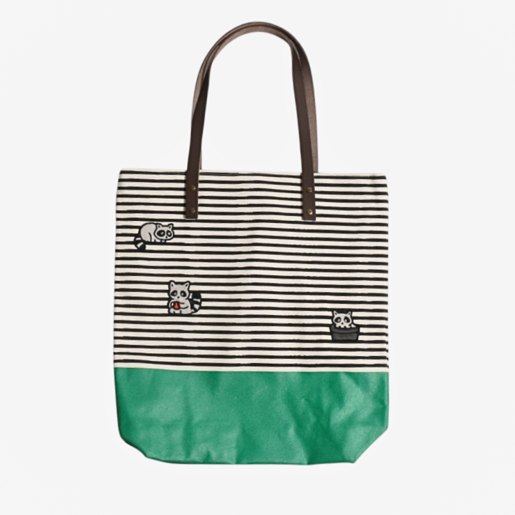 Raccoon Trio Seaport Stripes Dipped Tote – Cute Beach Tote Bag for Travel, Shopping & Summer Days