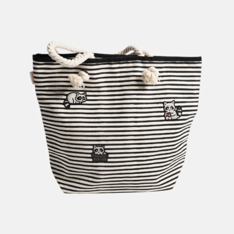 Raccoon Trio Knotted Rope Tote – Cute Canvas Beach Tote with Rope Handles for Everyday Use