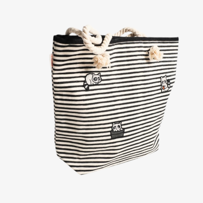 Raccoon Trio Knotted Rope Tote – Cute Canvas Beach Tote with Rope Handles for Everyday Use