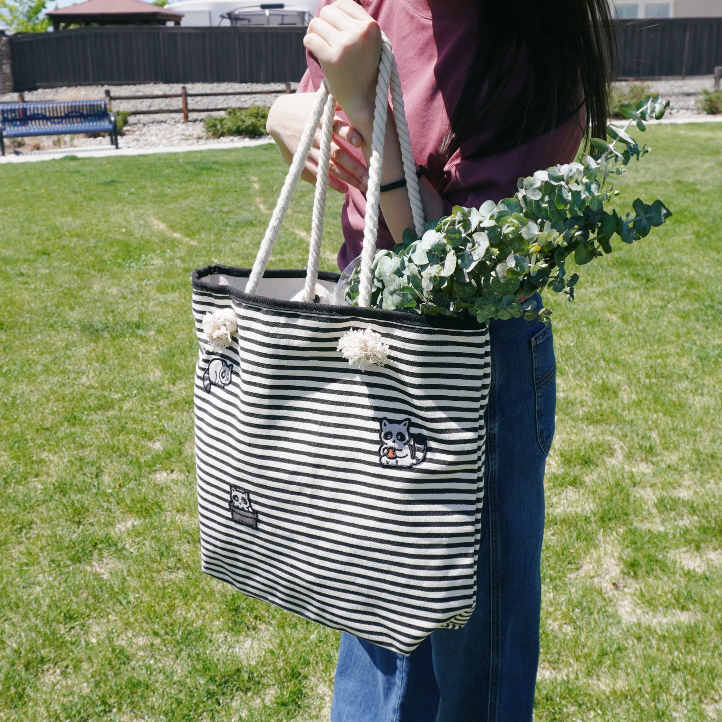 Raccoon Trio Knotted Rope Tote – Cute Canvas Beach Tote with Rope Handles for Everyday Use