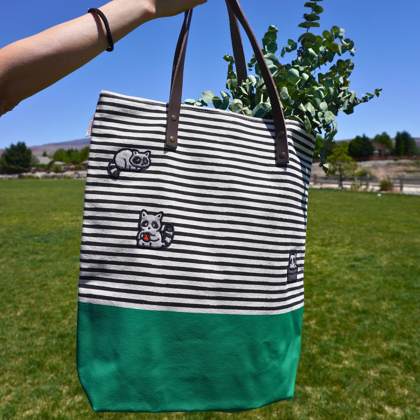 Raccoon Trio Seaport Stripes Dipped Tote – Cute Beach Tote Bag for Travel, Shopping & Summer Days