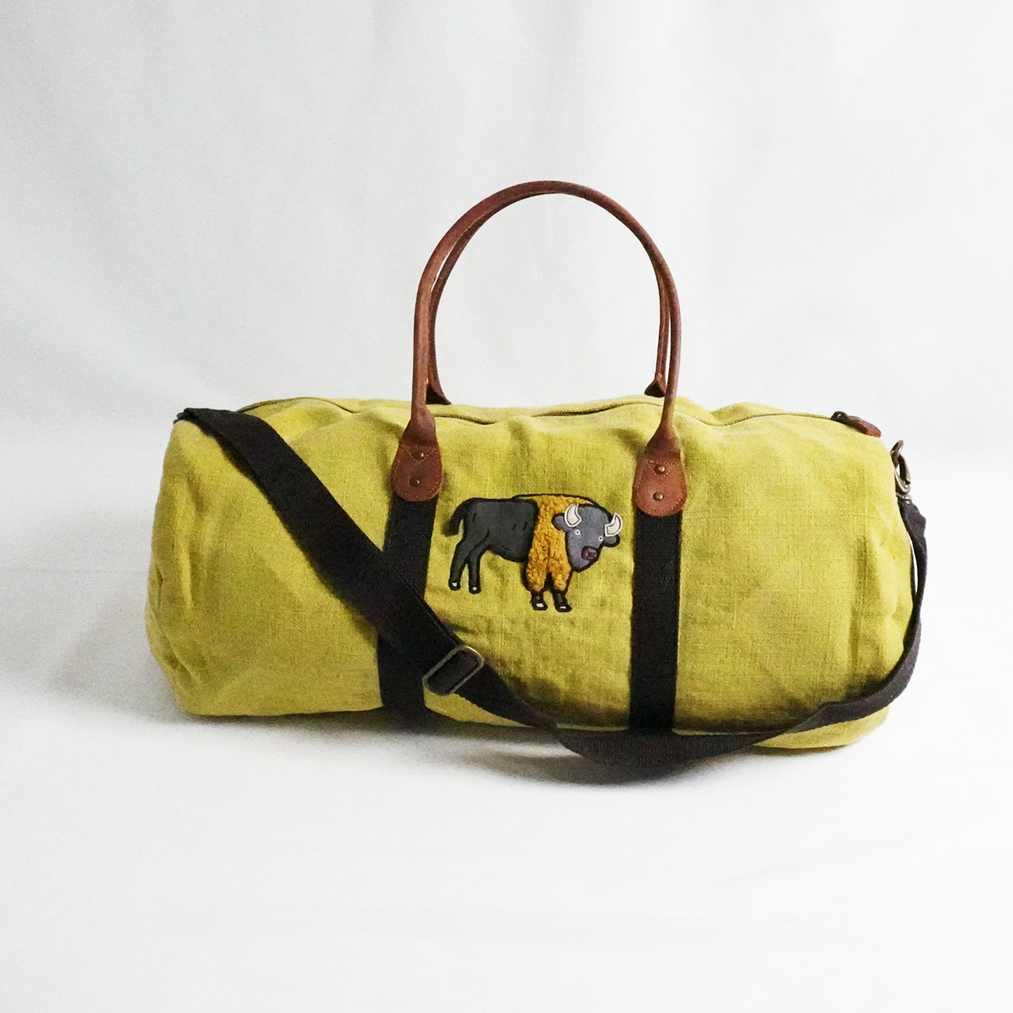 Bison Yellow Jute Round Duffel –  Embroidered Travel Bag