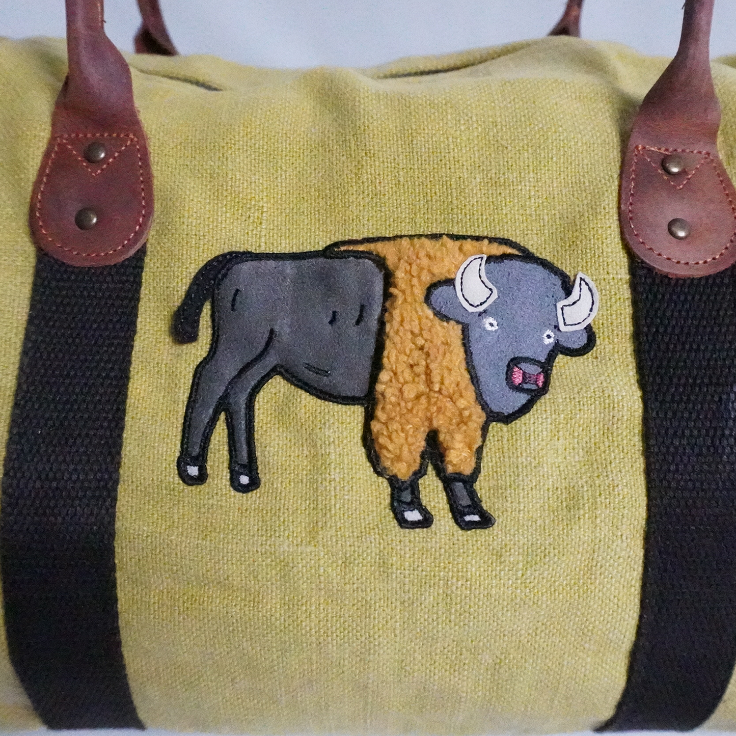 Bison Yellow Jute Round Duffel –  Embroidered Travel Bag