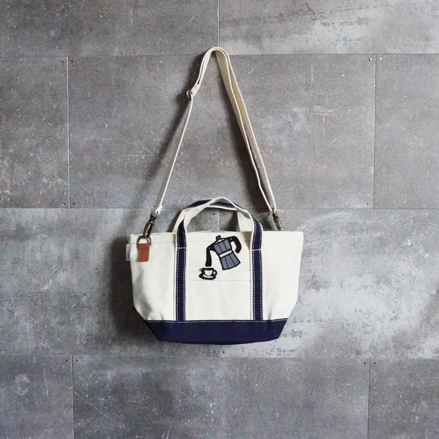 Moka Pot Navy Crossbody – Embroidered Canvas Tote