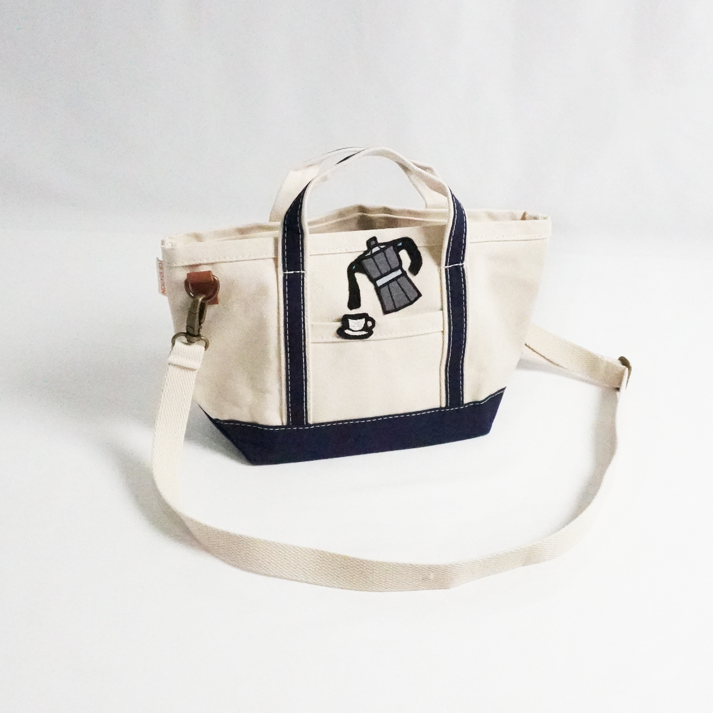 Moka Pot Navy Crossbody – Embroidered Canvas Tote